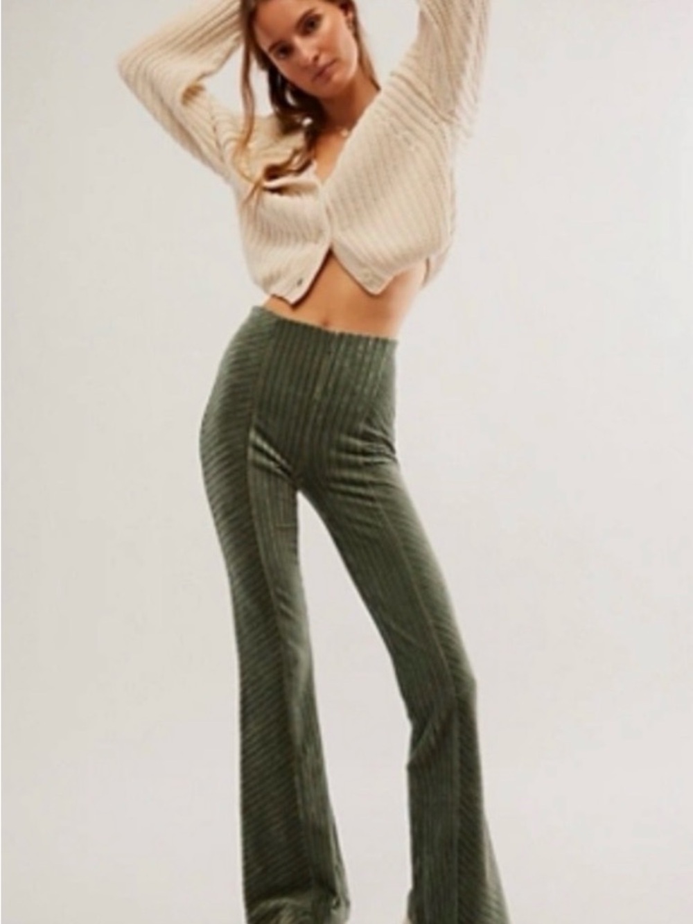 Free People Olive Green Ribbed High-Rise velvet Flare Pants